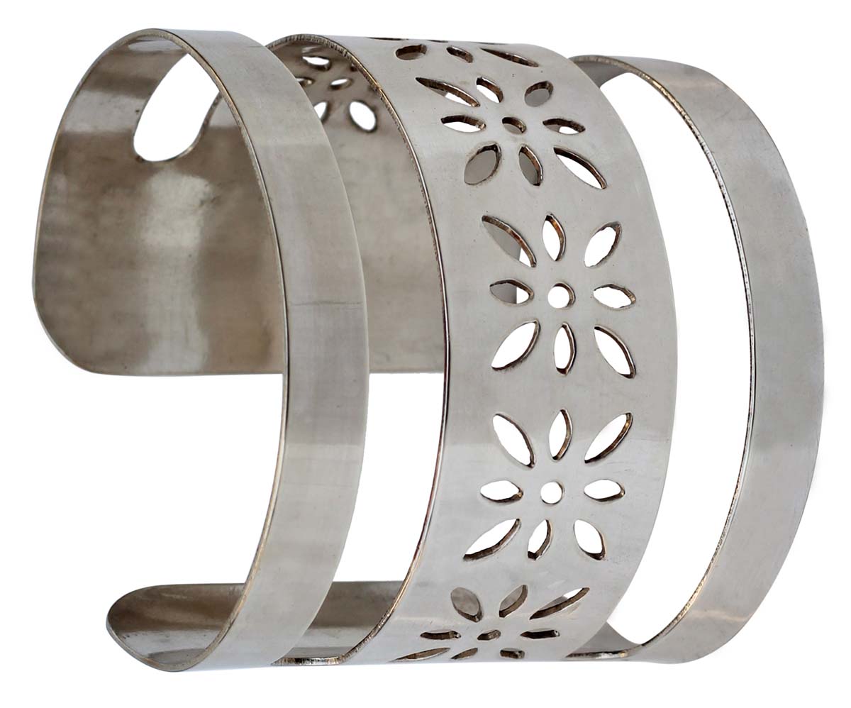 Bracelets in Bulk – 2.36" Cuff Bracelet – Cast in Brass – Silver Plated – Cut-Out Floral Motifs – Wholesale Bulk Bracelets 